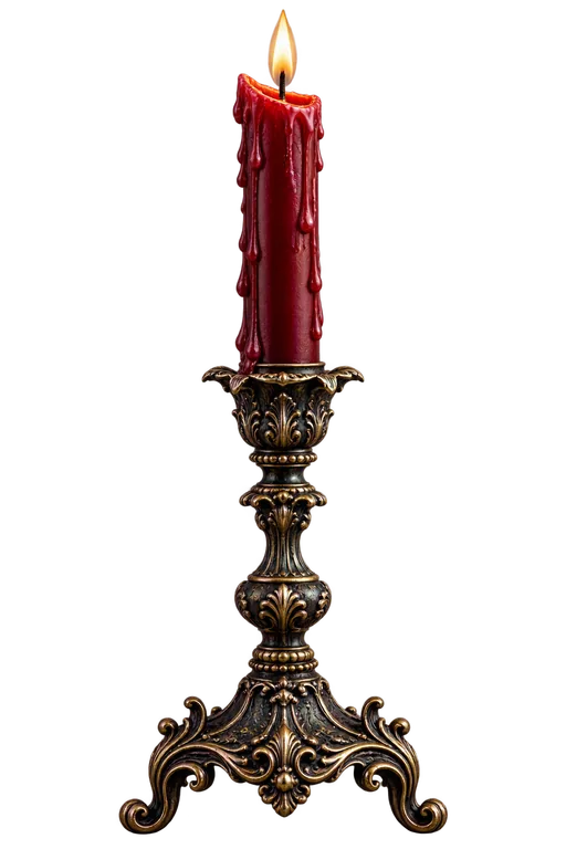 Lit Red Candle on Ornate Brass Candlestick