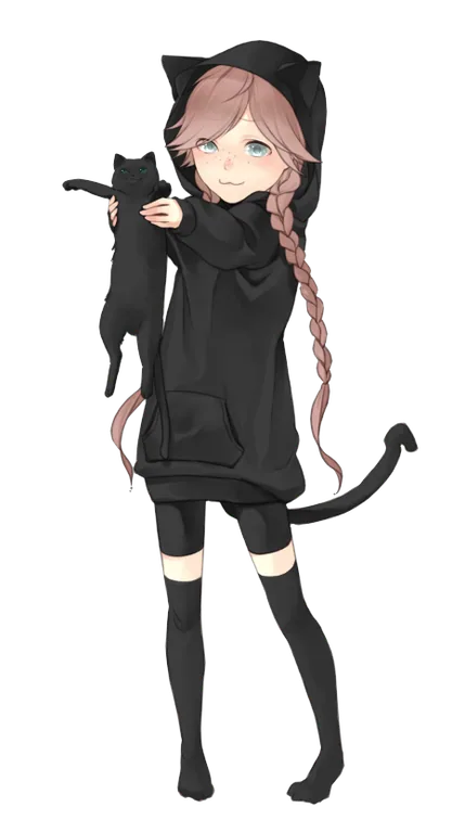 Fille anime à la tresse rose tenant un petit chat noir