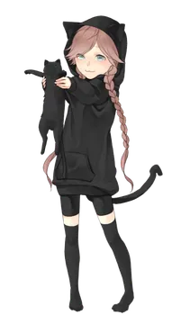 Fille anime à la tresse rose tenant un petit chat noir