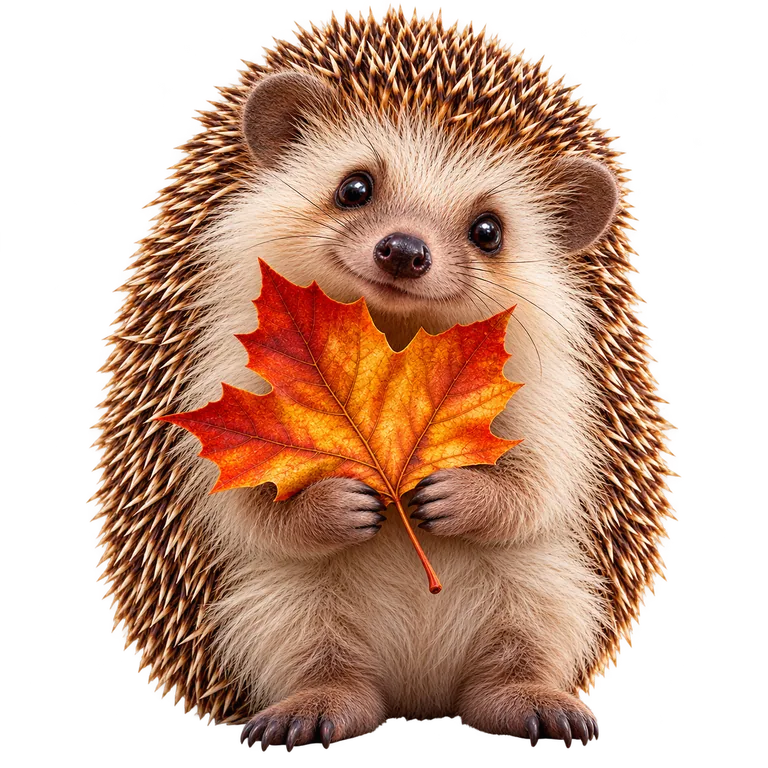 Hedgehog Holding an Orange Autumn Leaf