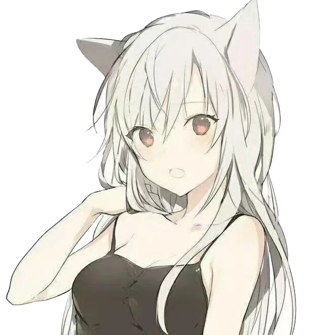 Fille anime aux cheveux blancs, oreilles de chat et yeux roses