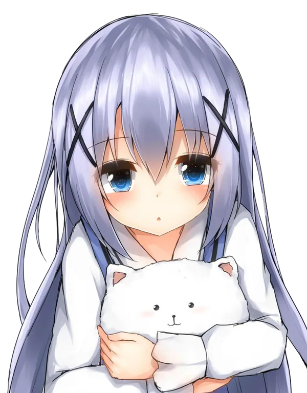 Anime Girl Hugging a White Cat Plush