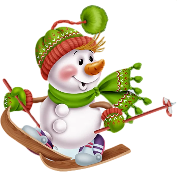 Snowman on a Wooden Ski