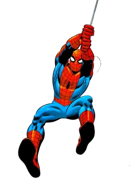 Spider-Man rouge et bleu se balance à un fil de toile.