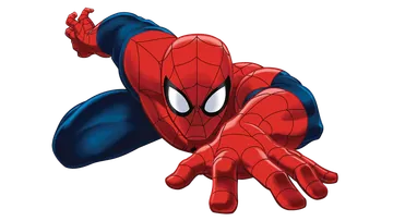 Spider-Man rouge et bleu se balance avec sa toile vers le spectateur