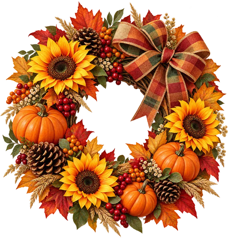 Autumn Wreath with Sunflowers and Pumpkins