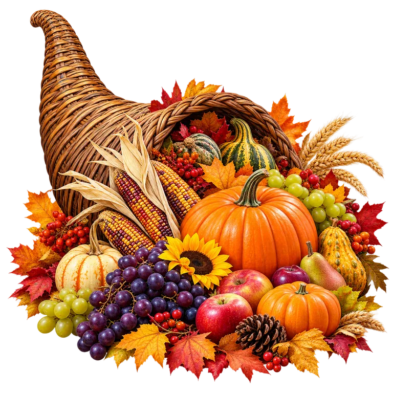 Autumn Cornucopia with Pumpkins and Fruit