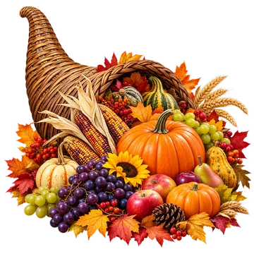 Autumn Cornucopia with Pumpkins and Fruit