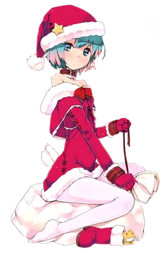 Chica anime de pelo azul con traje rojo de Papá Noel