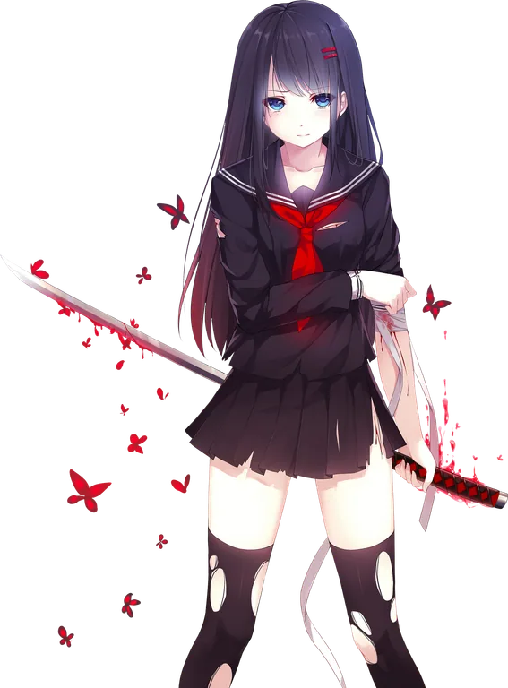 Anime Schoolgirl with Katana and Red Butterflies