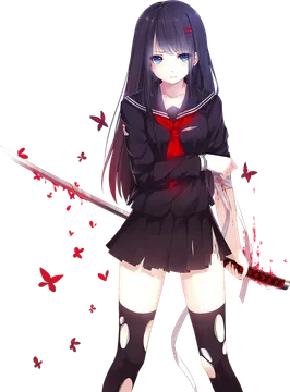 Anime Schoolgirl with Katana and Red Butterflies