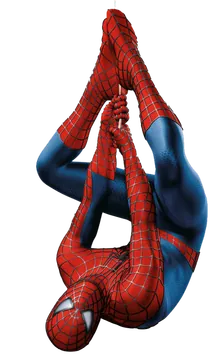 Spider-Man suspendu la tête en bas, tenant un fil de toile.