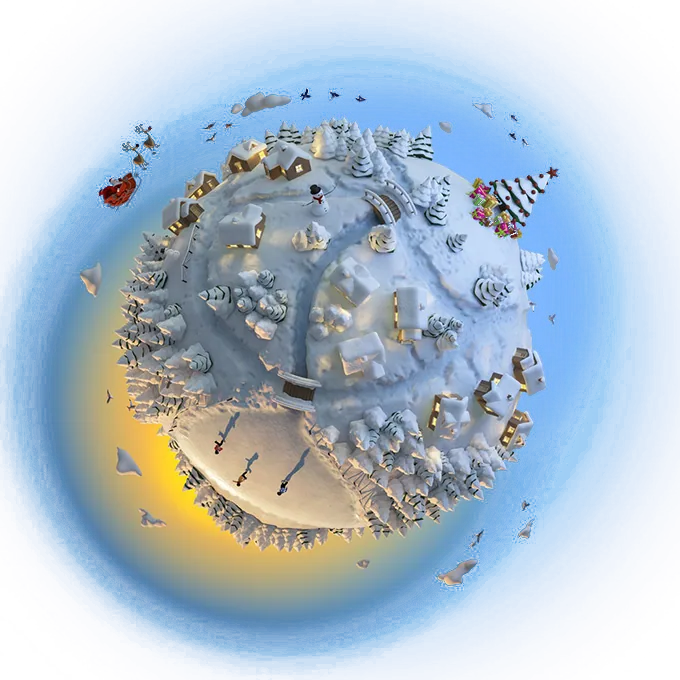 Snowy Winter Village on a Tiny Planet