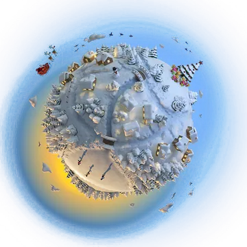 Snowy Winter Village on a Tiny Planet
