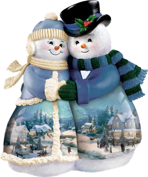 Snowman Couple in Winter Village Scene