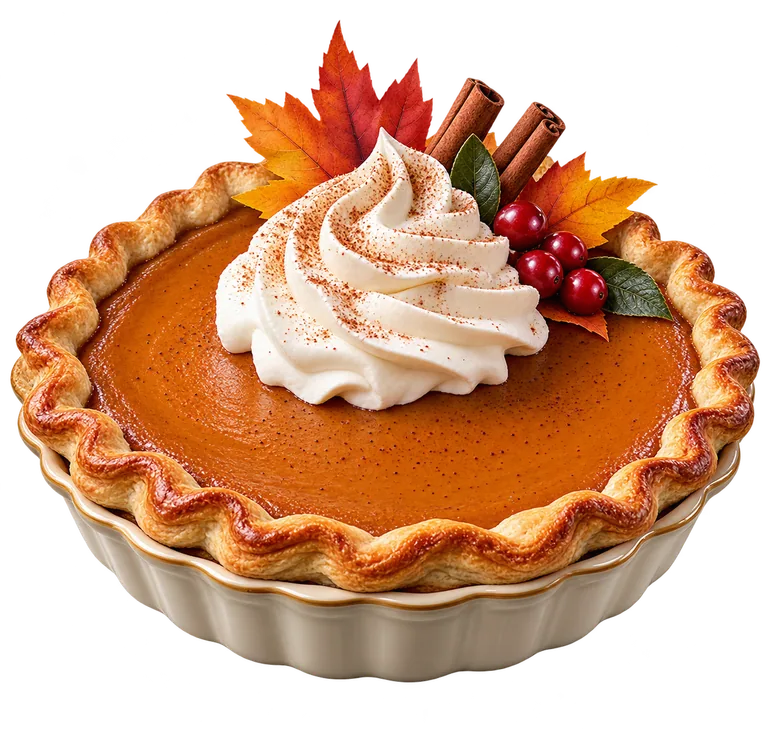 Pumpkin Pie with Whipped Cream and Fall Leaves