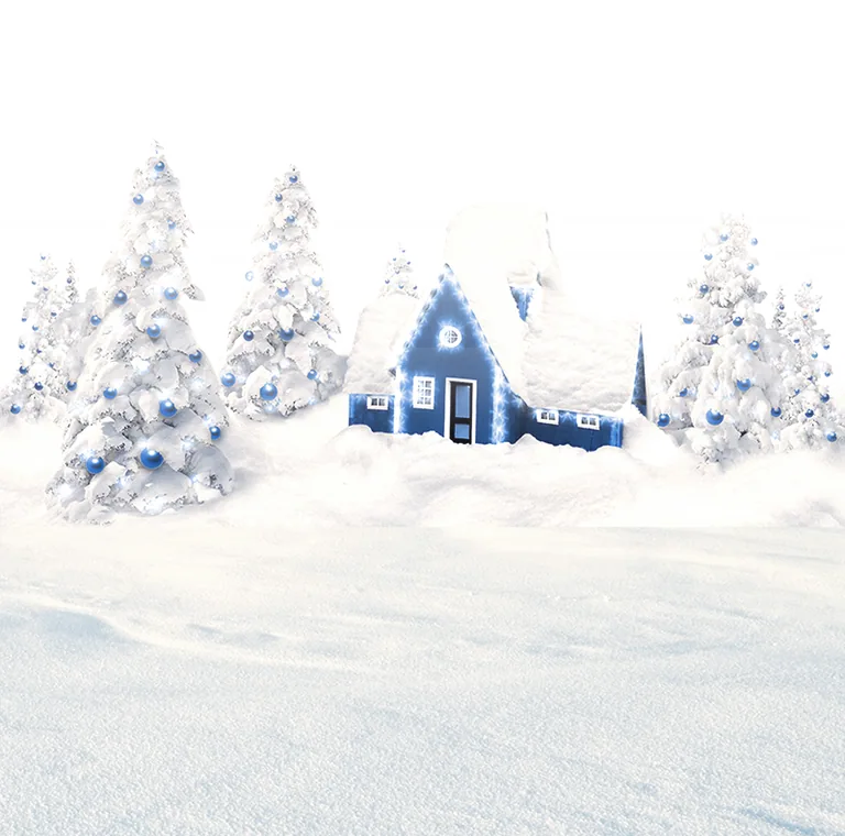 Blue Cottage in a Snowy Christmas Village