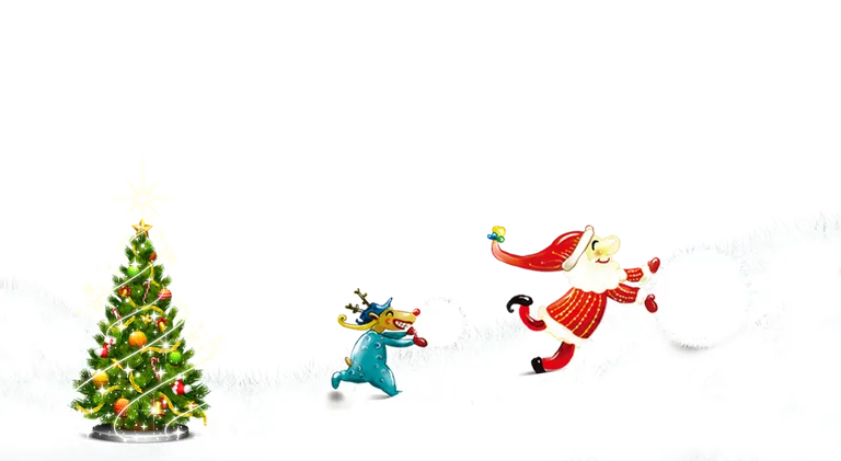 Santa and Reindeer Beside a Christmas Tree