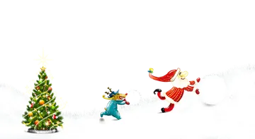 Santa and Reindeer Beside a Christmas Tree