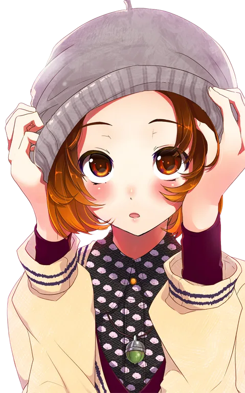 Anime Girl Adjusting a Gray Knit Beanie