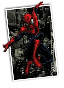 Spider-Man en rouge et bleu bondit au-dessus d’une ville.
